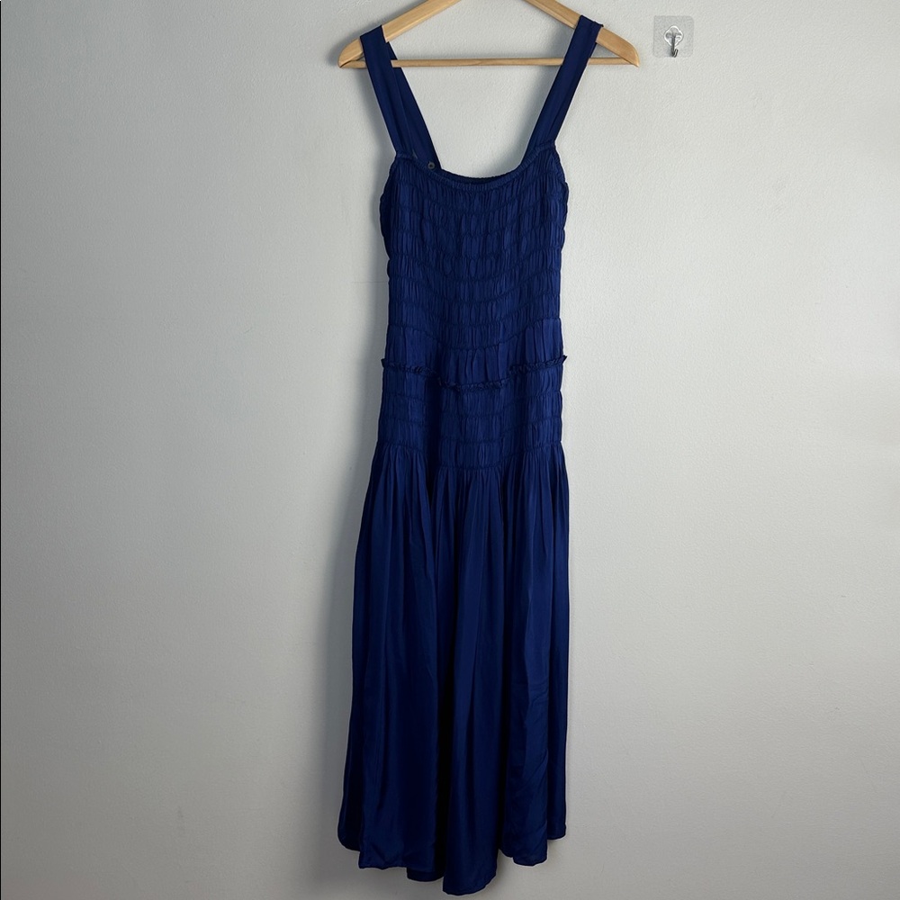NEW J. Crew Smocked Midi Dress Blue Medium Flowy Adjustable Straps Fit & Flare - Picture 2 of 16